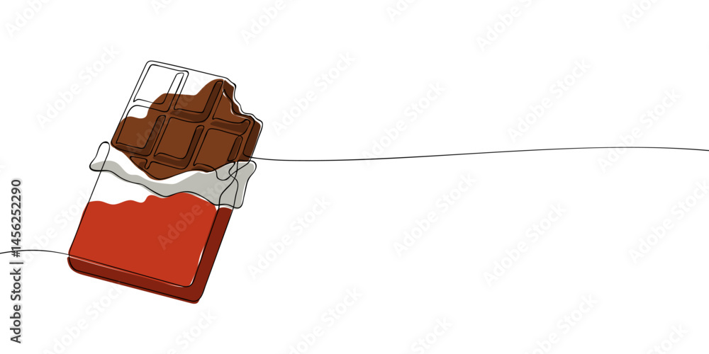 Poster illustration of an over-bitten candy bar with a continuous line. a chocolate bar in a red wrapper. v