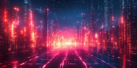 Futuristic Abstract City with Glowing Grids and Holograms