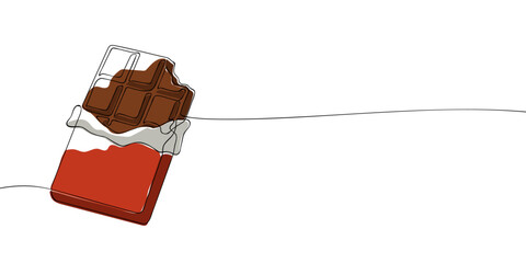Illustration of an over-bitten candy bar with a continuous line. A chocolate bar in a red wrapper. Vector illustration.