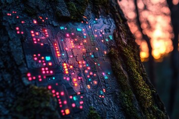 A glowing circuit board embedded in a tree bark at sunset, symbolizing nature and technology's convergence.