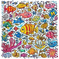 Obraz premium Aquatic Wonderland: A vibrant underwater scene teems with an array of cartoonish fish of diverse shapes and colors, alongside intricate coral, creating a lively ocean ecosystem.