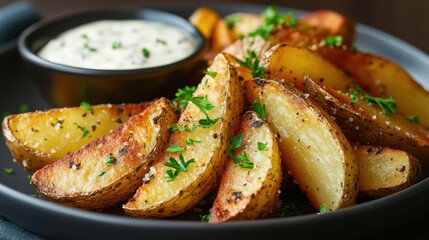 A plate of thick-cut potato wedges with a crispy golden crust, garnished with parsley, served with a creamy garlic dipping sauce