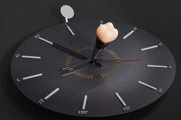Dental implant with a prominent head  and designed with a black clock for a dental advertisement, single implant image ,3d render