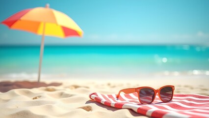 Obraz premium Beach Getaway with Umbrella, Towel and Sunglasses on Sandy Shore