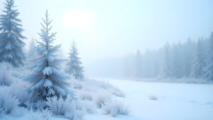 Fototapeta premium Serene winter landscape with frosted trees and a misty backdrop in cool tones. 