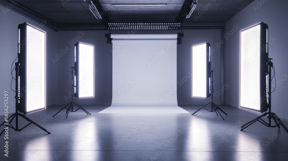 Poster back view of light diffusers and led panels illuminating an empty cyclorama in photo studio