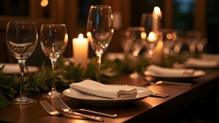Elegant Dinner Table Setting with Wine Glasses, Candles, and Green Foliage for Celebration