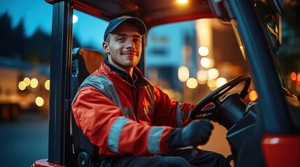 Worker operating forklift at night