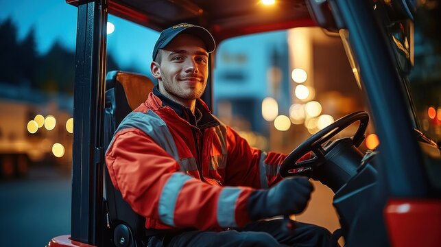 Worker operating forklift at night