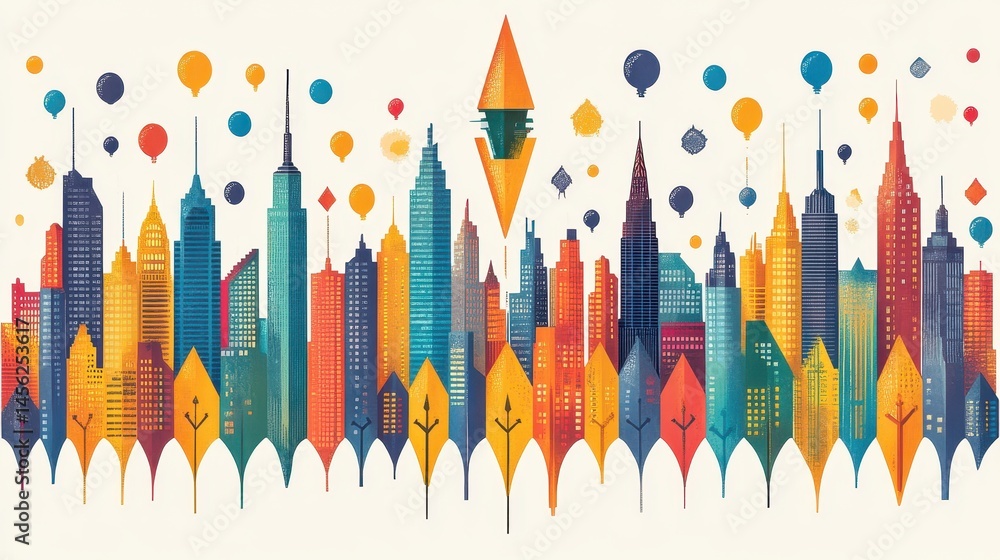 Poster pixelated cityscape with vibrant colors and playful details ideal for diverse design projects with a