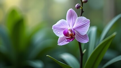 Delicate purple orchid flower with water droplets on its petals and vibrant green leaves.