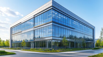 Fototapeta premium Modern glass office architecture reflecting blue sky showcases sustainable commercial building design and corporate real estate development