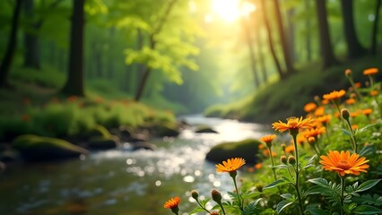 Obraz premium Scenic Forest River with Flowers and Sunlight: A Lush Green Landscape