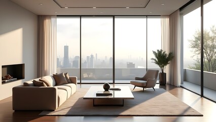 Modern Apartment Interior with City View and Neutral Palette, Stylish Living Room with Minimalist Design