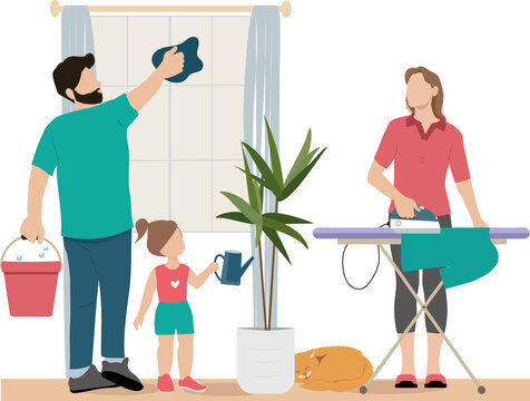 A friendly family is cleaning their home