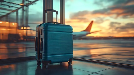 A stylish teal suitcase sits in an airport at sunset, ready for a new journey.