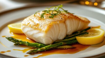 A delicate white fish fillet steamed to perfection, plated with asparagus, lemon slices, and a drizzle of light soy sauce, in a fine dining setting.