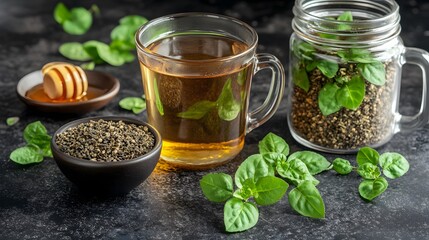 Fototapeta premium Herbal Tea Mug with Dried Leaves and Honey