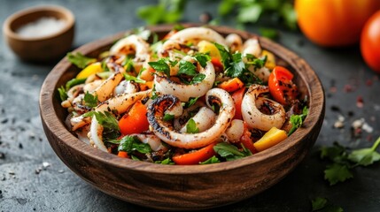 A healthy seafood salad in a wooden bowl, combining grilled squid, fresh herbs, and crunchy vegetables, served on a rustic table with natural lighting.