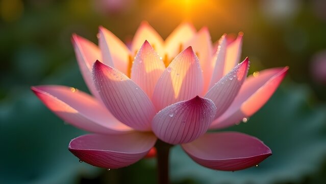 Close-up of a beautiful pink lotus blossom with water droplets glistening in the sunlight, nature and serenity