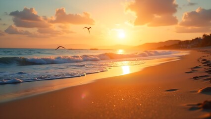 Obraz premium Beautiful beach scenery during sunset. Warm golden light over the ocean waves, tranquil nature landscape.