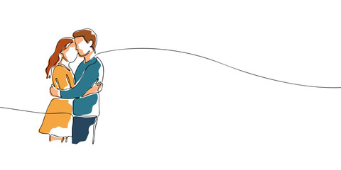 Colorful continuous line drawing of a loving couple hugging closely, symbolizing affection, emotional support, and deep connection.
