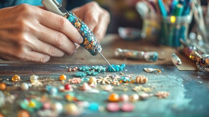 A person using a glue gun to attach decorative elements to a DIY craft project, with glue string visible from the nozzle