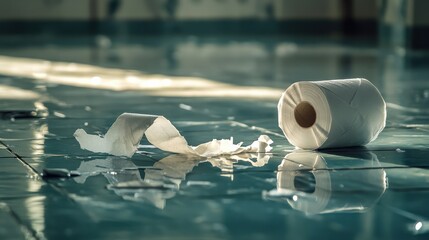 A spilled toilet paper roll unraveling on a glossy tiled floor, reflecting light and creating an artistic yet everyday life scene.