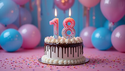 Coming of age party - 18st birthday. Delicious cake with number shaped candles on pink table near balloons.
