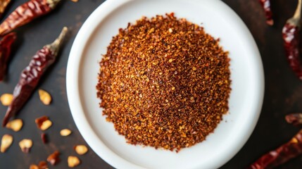 A top-down view of crushed chili powder arranged in a neat pile on a white plate, with whole dried chilies and chili flakes nearby.