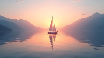 Fototapeta premium Sailing into Serenity: A Yacht on a Calm Lake at Sunset with Mountains