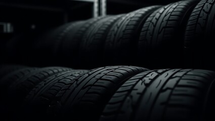 car tire close up, Close-up of stacked tires in a dark storage space.