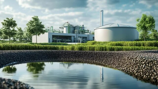 Modern biogas plant facility beside a reflective pond, surrounded by greenery and trees, showcasing sustainable energy infrastructure integrated into a natural landscape under bright daylight.