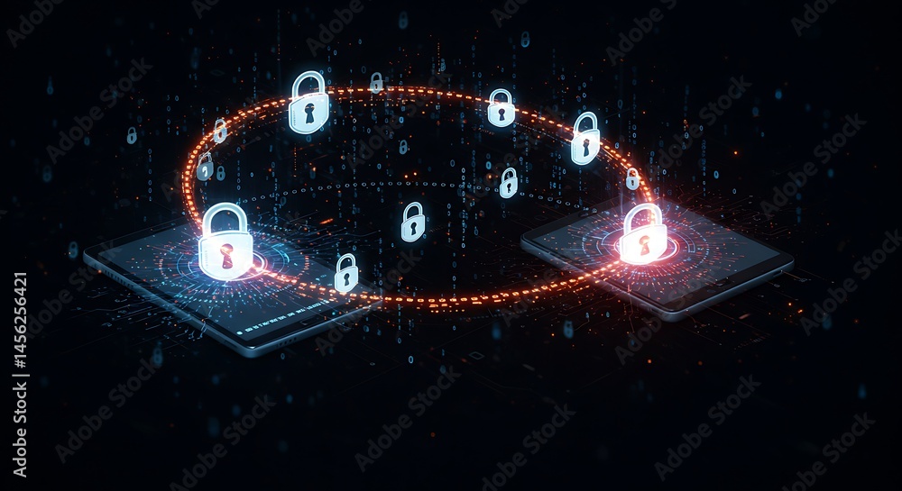 Poster digital data security illustration showcasing secure tablet communication