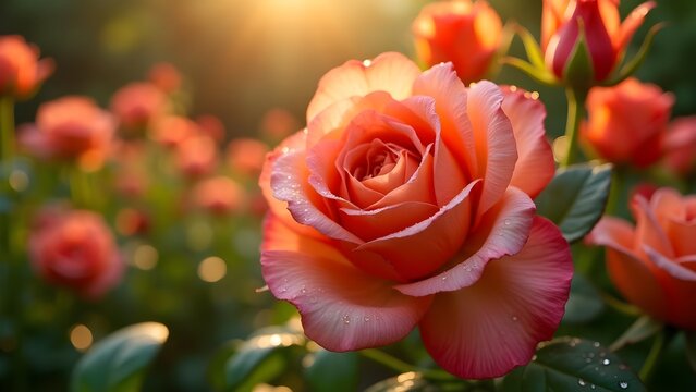 Close-up of a blooming peach rose with water droplets in soft sunlight. Floral nature background