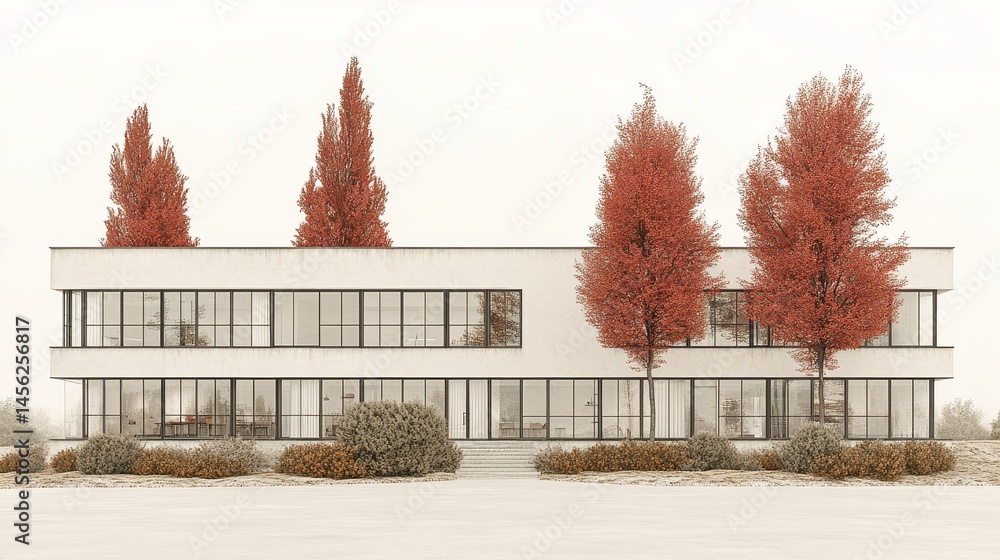 Poster modern architecture serene office building with autumn foliage creating visual harmony and stylish e