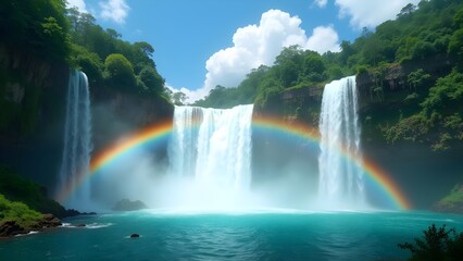 Obraz premium Majestic Waterfall with Rainbow, surrounded by Cliffs and lush vegetation in a tropical landscape