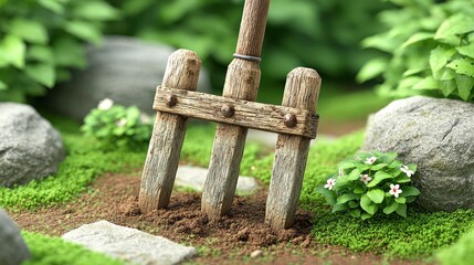 Naklejka premium Rustic Weathered Garden Tool in Lush Green Garden Setting