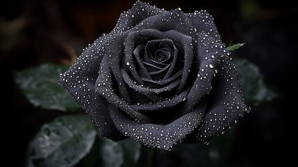 A rare and mysterious black rose covered in perfectly round droplets of highly reflective silver water giving it an almost metallic high-fashion look