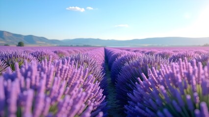 Obraz premium Endless rows of purple lavender blossoms in a scenic rural landscape with mountains on the horizon