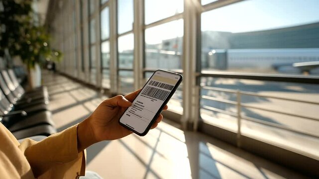 1_Digital ticket displayed on phone at airport gate in bright daylight