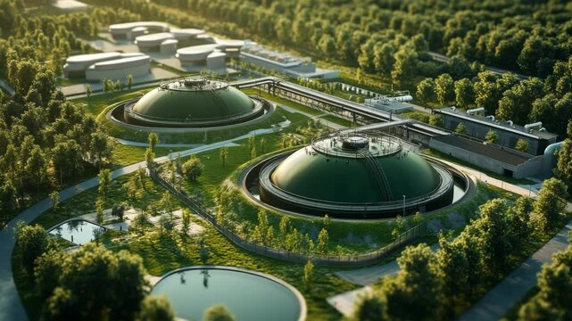 Aerial view of modern biogas facility featuring twin green dome reactors and upgraded RNG pipeline infrastructure, integrated into a lush forest landscape promoting renewable energy and environmental