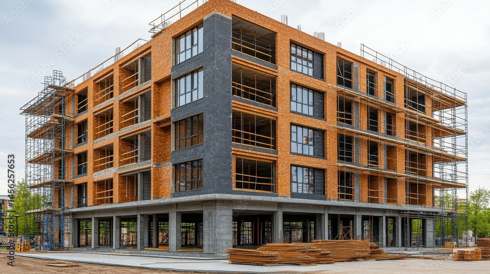 Poster urban construction site progress showcasing modern building framework and architectural design for p