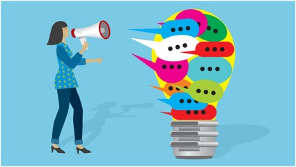 Titel
Woman with megaphone shouting out her messages. Communication and ideas. Persuade. Vector illustration.