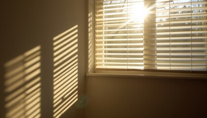 The sunlight gently streams through the blinds, casting a delicate pattern of linear shadows across the room, creating a tranquil and ethereal ambiance.