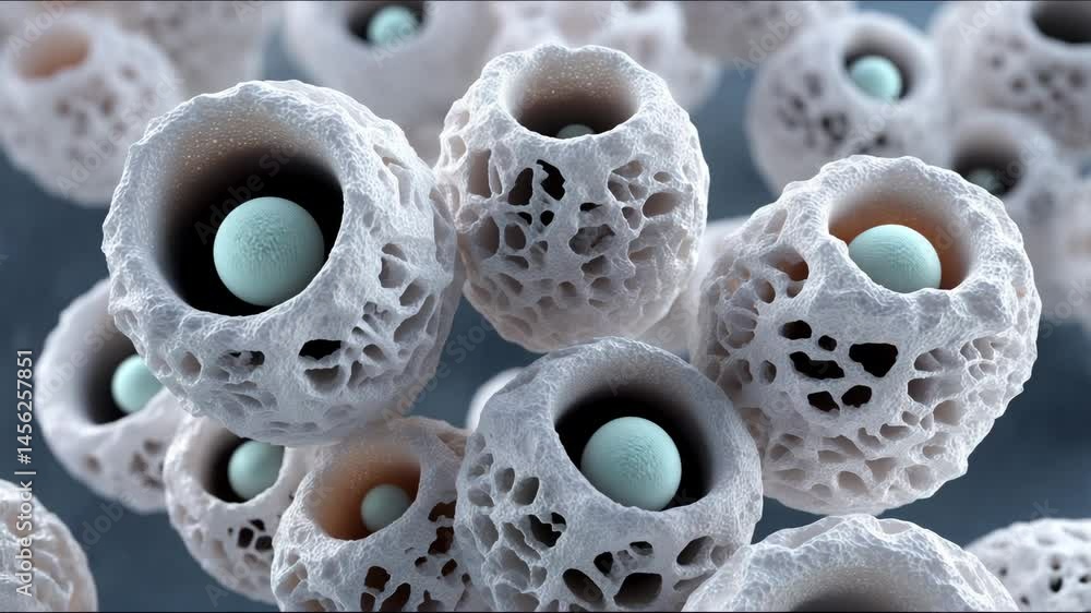 Poster exploring microscopic cell structures porous nuclei and intricate biology in new generation of scien