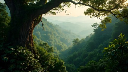 Fototapeta premium Lush Green Forested Mountainside with a Layer of Mist. A Tranquil Nature Landscape