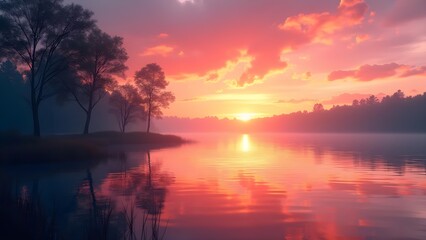 Scenic Sunrise Over Tranquil Lake Reflecting Pink and Golden Sky, Surrounded by Trees and Mist