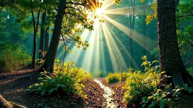 Mellow rays of sunlight break through the canopy, casting a warm glow over a babbling stream in a serene forest