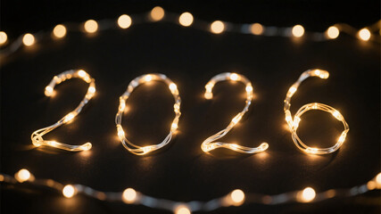 Glowing LED string lights forming the number 2026 on a black surface, creating an elegant and cozy New Year celebration vibe